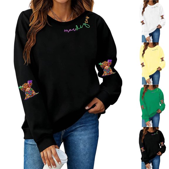Zedker Mardi Gras Clothes for Women Light Sweatshirts Merry And Bright Xmas Long Sleeve Shirts Crewneck Pullover Tops