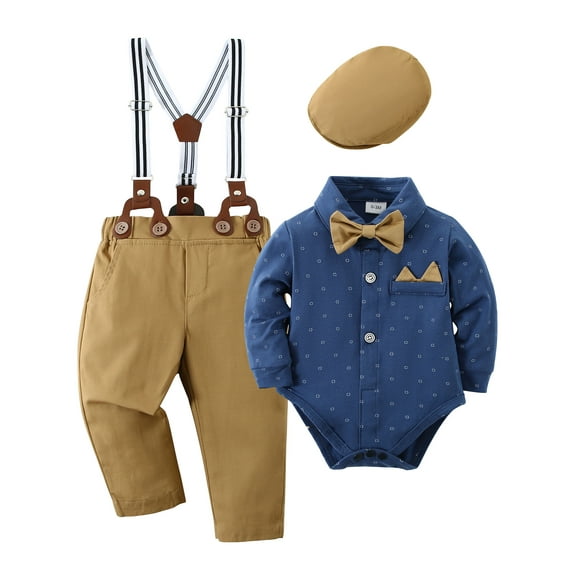 Baby Boy Clothes Outfit Formal Suits Newborn Print Romper Shirts Suspender Pants Hat Bowtie 4pcs