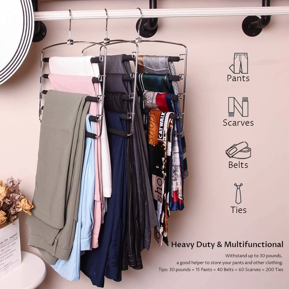 Pants Hangers Space Saving 2Pcs, Metal Heavy Duty Trousers Hanger with Swing Arm, 5 Layer Jeans Hanger Non-Slip, Pant Hanger Closet Organizer for Skirt Tie Slack Clothes, Black, by tutuviw