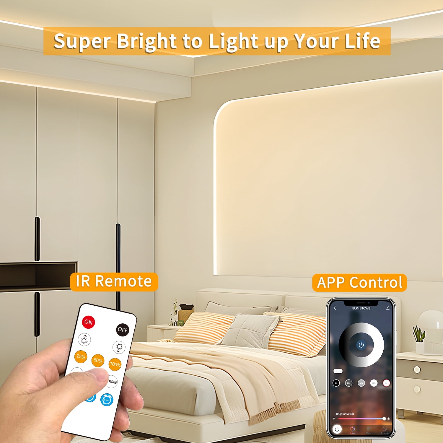 50 FT COB LED Strip Lights Warm White Dimmable DC 24V 3000K Flexible LED Tape Light for Bedroom, with Remote and app Control LED Tape Lights,f