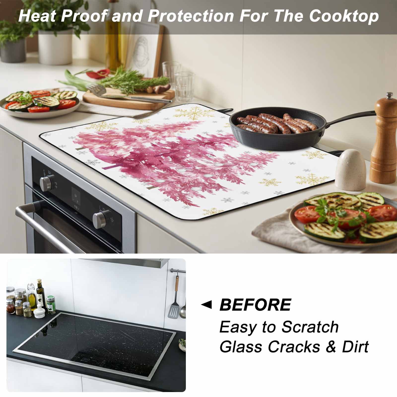 Pink Trees Christmas Stove Top Cover for Electric Stove, Heat-proof & Non Slip Glass Top Stove Cover Protector, Xmas Tree Snowflake Winter Kitchen Flat Cooktop Rubber Mat 24x21 Inches