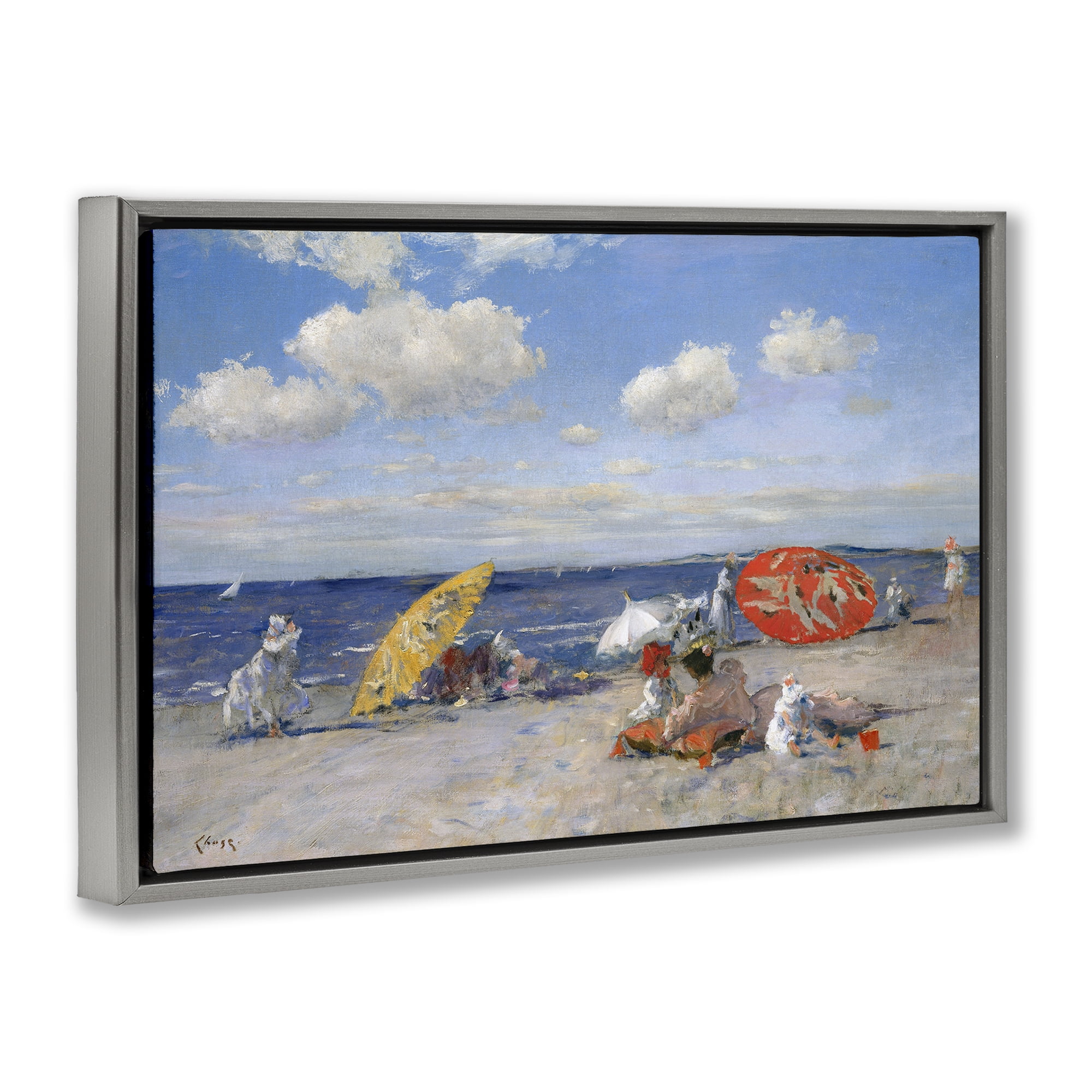 Stupell Industries Classic Beachgoers Scene Nautical & Beach Painting Gray Floater Framed Canvas Art Print Wall Art, 25 x 17