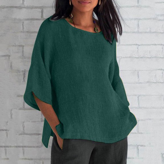Danhjin Green Linen Shirts For Womens Casual Loose Collared Blouses Spring Summer Beach Tops Short Sleeve Soild Color V Neck Shirts