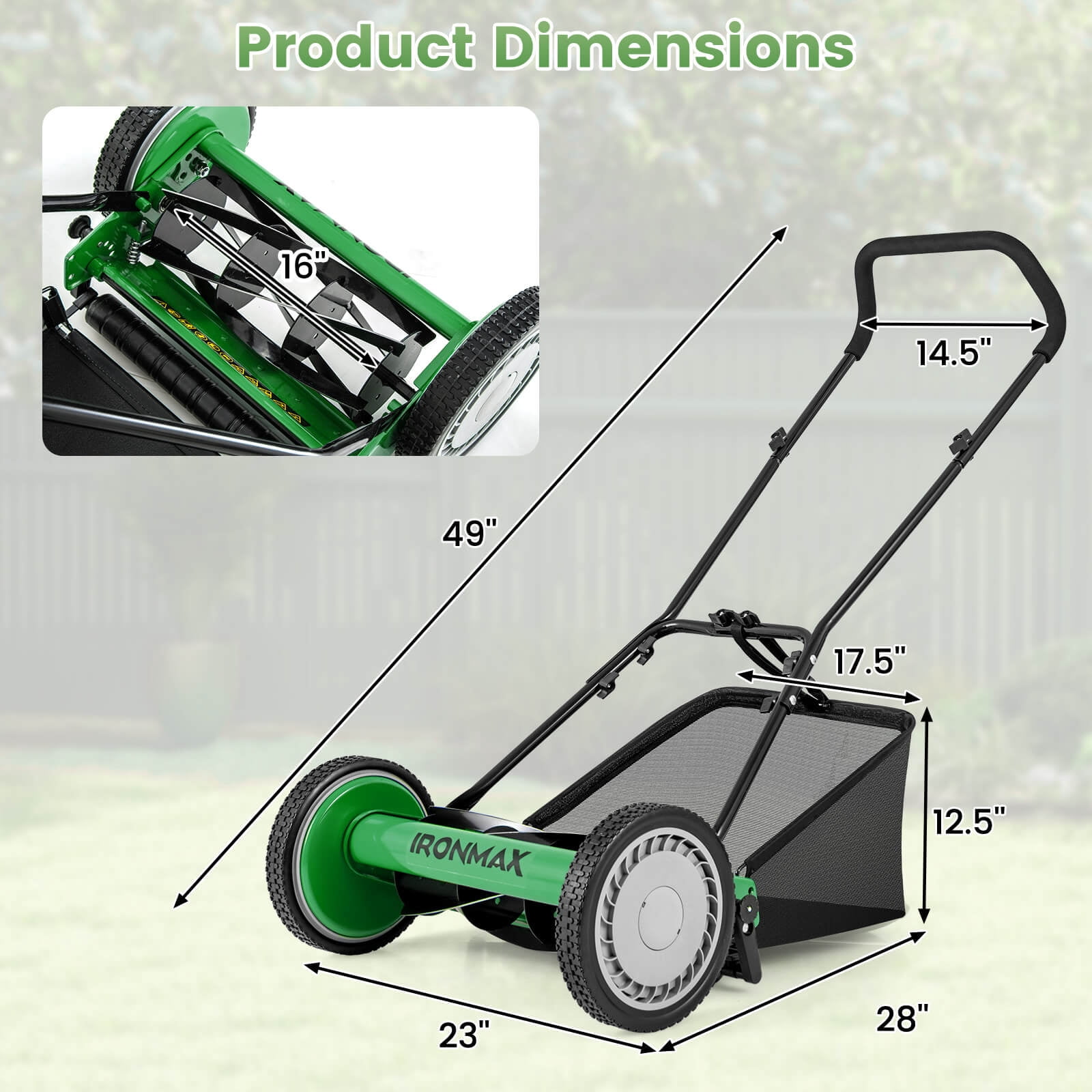 Ironmax 16" Push Lawn Mower with 5-Blade 6.9 Gallon Removable Grass Catcher for Garden Green + Black