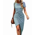 thumbnail image 2 of Women Summer Maxi Tshirt Dress Short Sleeve Crewneck Tie Waist Casual Fit Slit Spring Long Beach Dresses Light Blue M, 2 of 9