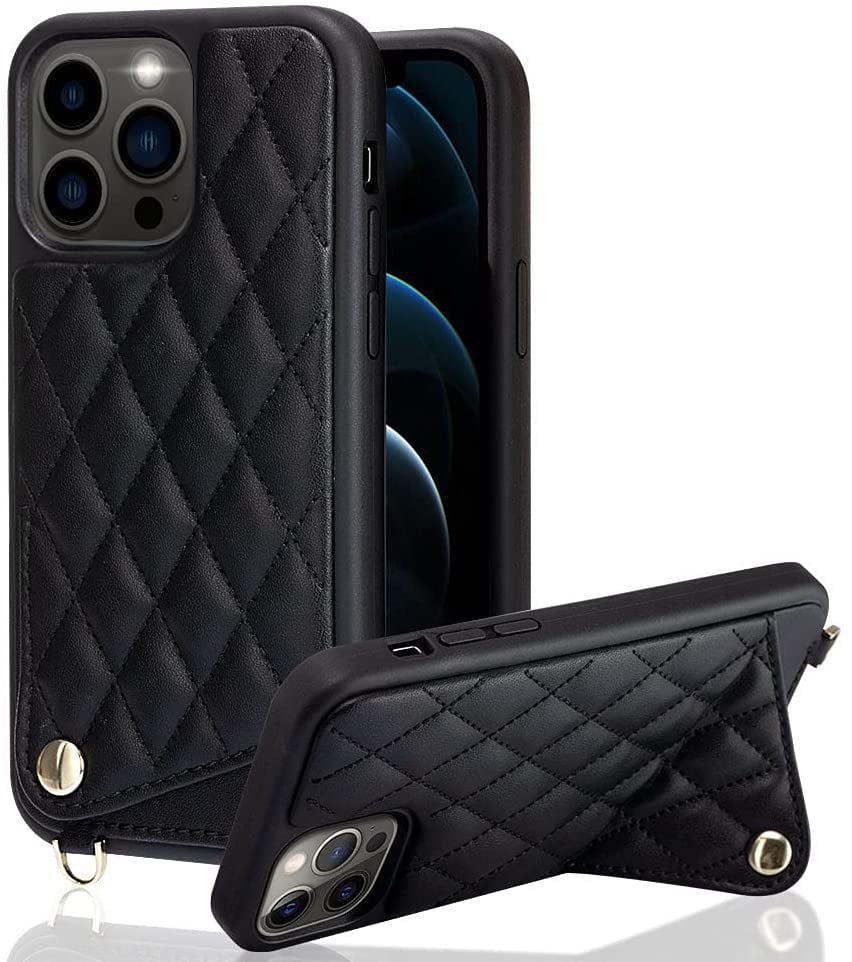 6.1 inch JLFCH iPhone 13 Crossbody Case Card Holder Wallet Quilted Leather Purse RFID Blocking Lanyard Wrist Strap Women Protective Cover for Apple iPhone 13 2021 Quilted Black 
