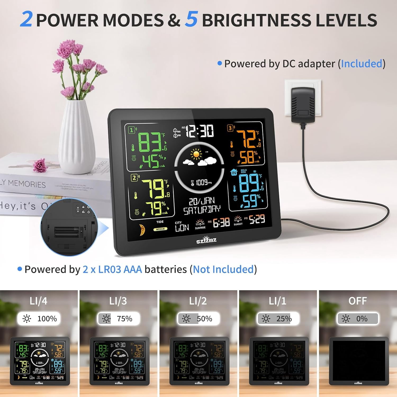 Weather Station Indoor Outdoor Thermometer Wireless with Multiple Sensors, VA Color Display Atomic Clock, Weather Forecast, Temperature, Humidity, and Adjustable Backlight