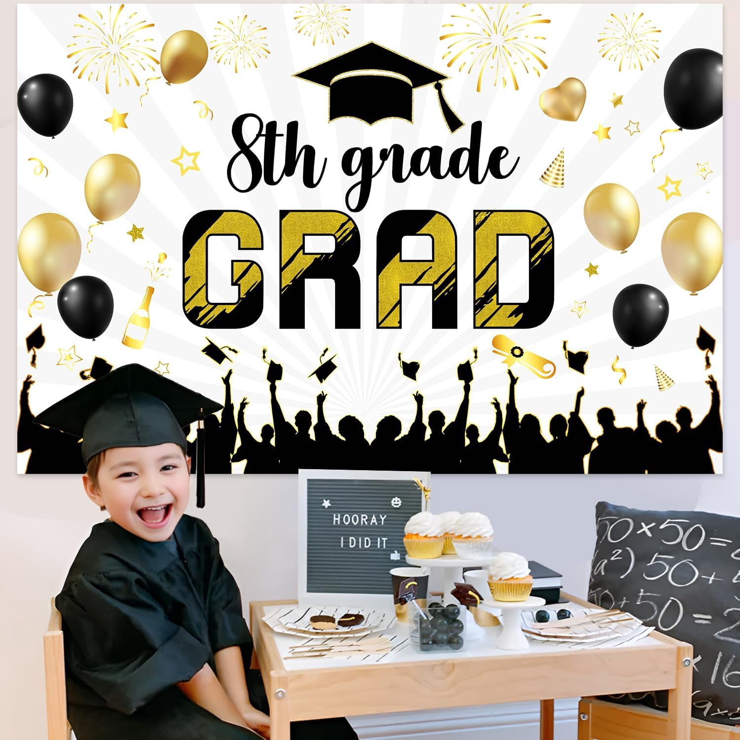 5 * 3ft 2024 Congrats Grad Graduation Backdrop 8th Grade Grad Graduation Photography Background Cloth Golden Black Glitter Printed Bachelor Cap Balloon Props Banner for Grad Congrats Prom Party Decor