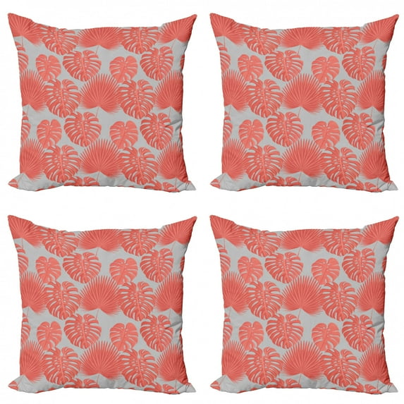 Ambesonne Tropical Throw Pillow Cover 4 Pack, Exotic Monstera Plantation, 18", Pale Grey and Salmon