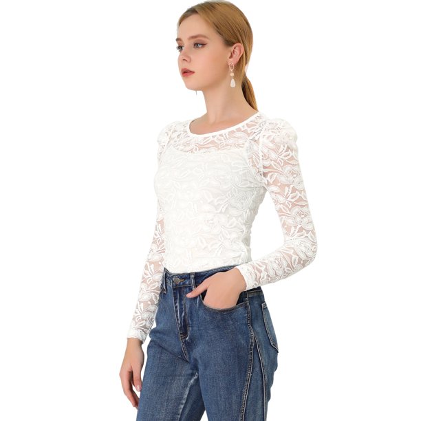 Top de encaje de blubordade manlarcon soplo semitransparente vintage pamujer blanco S