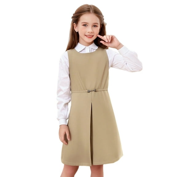 Girls Uniform Dresses Cute Pleated Knee Length Sleeveless Khaki Jumpers for Girls Kids Uniforms for Girls 12-13 Years