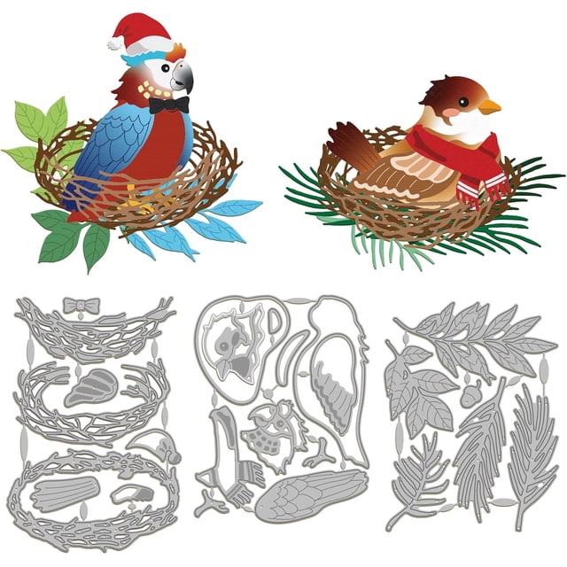 Troqueles de corte de metal con diseño de loro navideño, plantilla para manualidades con temática de aves, plantilla para repujado de nido de pájaro en metal