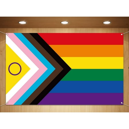 Image of New Intersex Inclusive Progress Pride Photo Booth Backdrop June LGBTQ+ Decor Indoor Outdoor Wall Hanging Background Decoration Supply