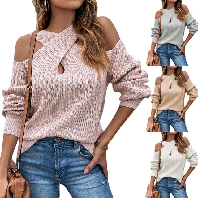TRKIYQC Suéteres con Hombros Descubiertos para Mujer, Suéteres de Punto Halter Cruzados de Color Sólido de Manga Larga TRKIYQC moda