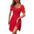 thumbnail image 7 of Womens Summer Sweetheart Neck Short Puff Sleeve Mini Drawstring Casual Slim Flowy Dress Sundress, 7 of 7