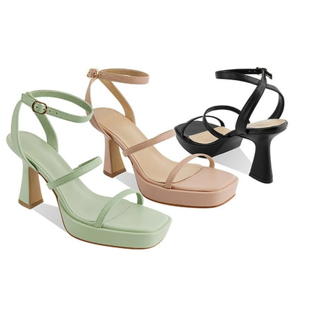 

Ferwind Women s Sandals Chunky High Heels Platform Buckle Straps Female Adult Nude 10