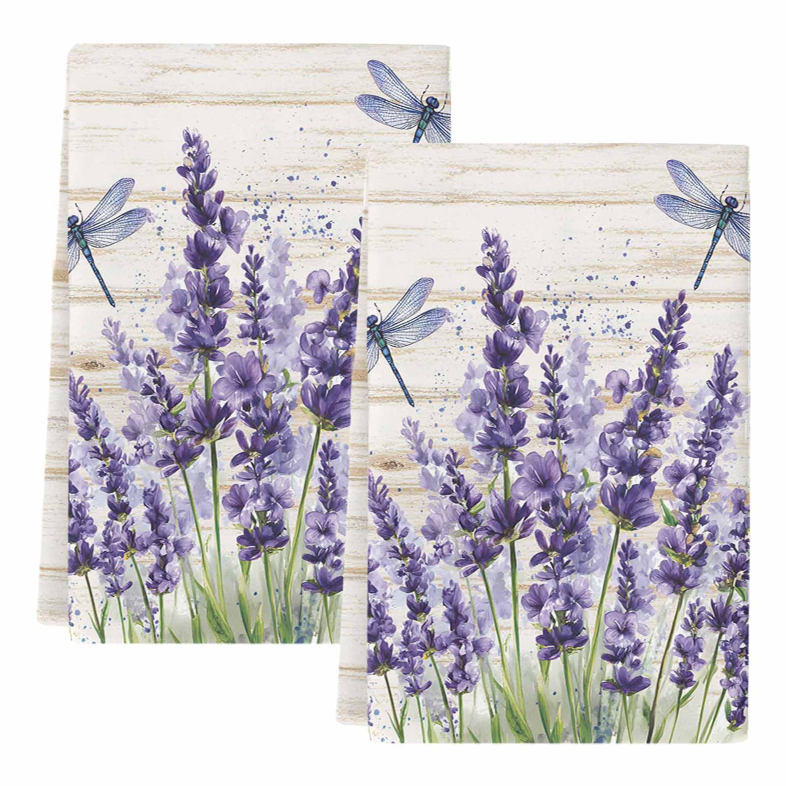 Purple Lavender Kitchen Towels Set of 2, Summer Watercolor Dragonfly Wooden Grain Absorbent Dish Towels for Kitchen, Microfiber Hand Towel, Quick Drying Tea Towel for Cleaning Decorative Dishcloths