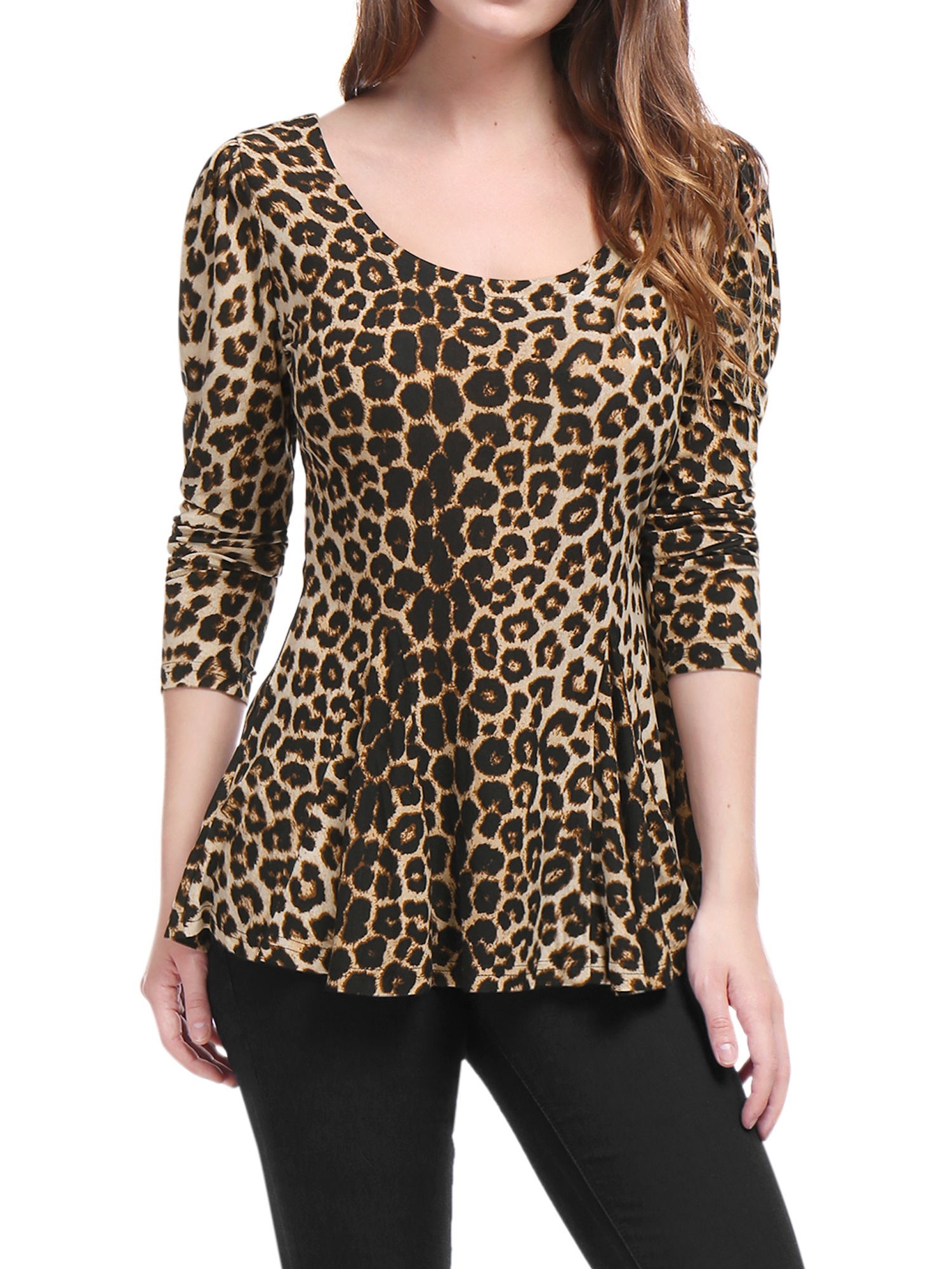 DARING DIVA Scoop Neck Peplum Blouse Top S Brown-Leopard