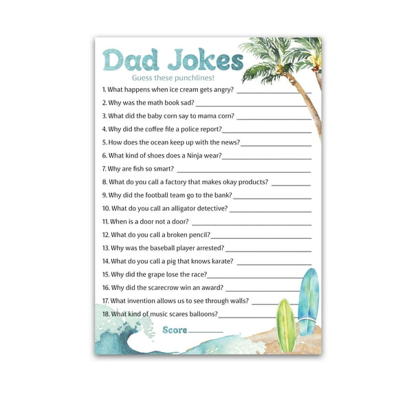 DAD JOKES, BEACH SURF Theme Baby Shower Games, Daddy Jokes Shower Trivia Games — Pack of 25 — Fun Dad Joke Game, Blue Ocean Surfing, Funny Game, Sprinkle, Gender Reveal, Birthday Activity G940-DJK