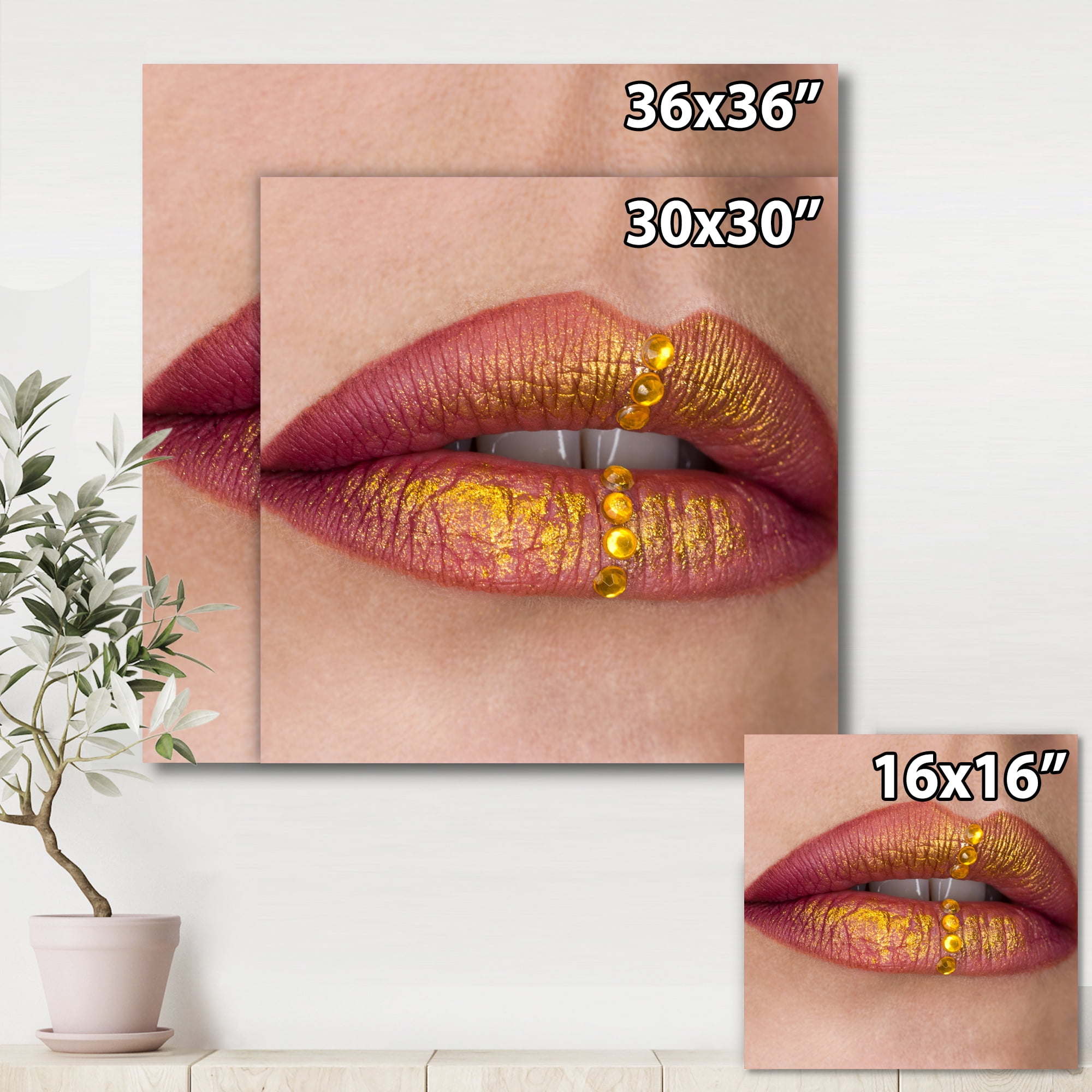 Woman Lips Close-Up With Red Lipstick, Gold Paint 30 in x 30 in Painting Canvas Art Print, by Designart