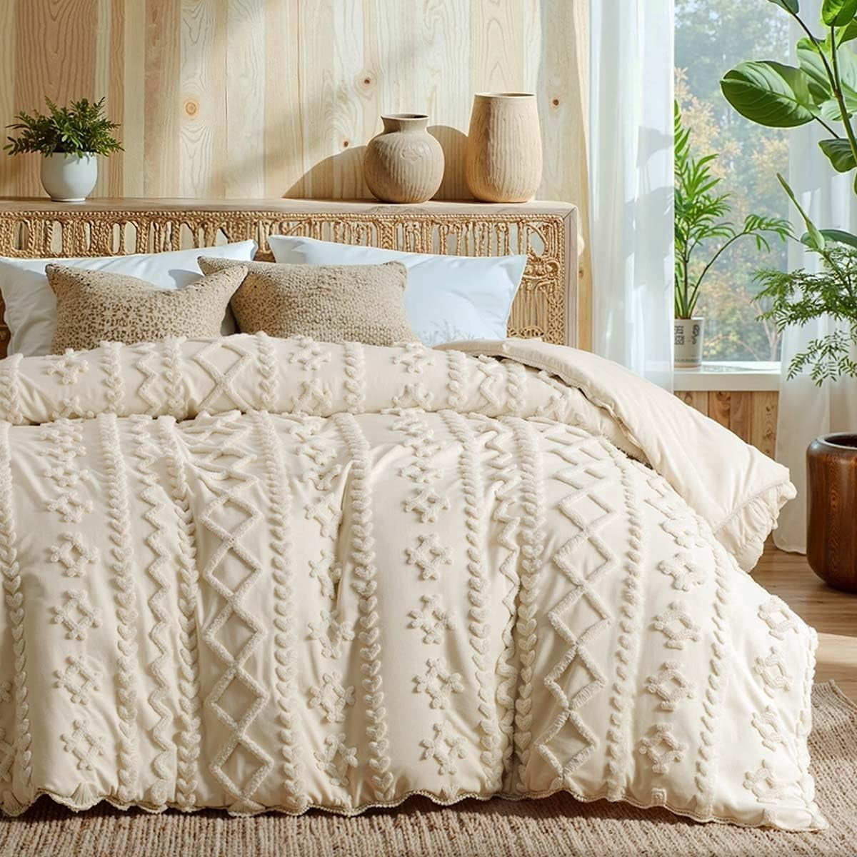 JOLUSERE Jacquard Sandflow Pattern Tufted Duvet Cover King Set, 3 Pieces Boho Ultra Soft Embroidery Bedding Set, Beige
