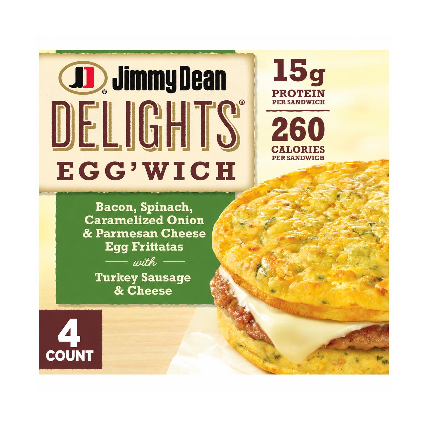 Jimmy Dean Delights Frozen Breakfast Sandwich, Egg'wich Parmesan Egg Frittatas Turkey Sausage Cheese, 16.4 oz, 4 Count