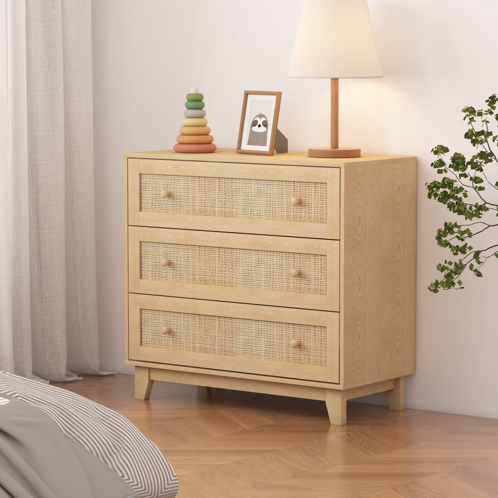 FANRAL 3 Drawers Dresser for Bedroom,Boho Small Natural Rattan Closet Dresser Chest of Drawers,Modern Wood Clothes Storage Organizer with Wooden Feet and Handles for Hallway,Living Room,Entryway