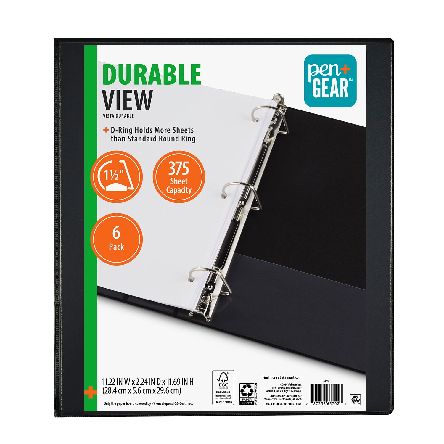 Pen + Gear 1.5-inch Durable Binder, D-Ring, Black, 6 Pack