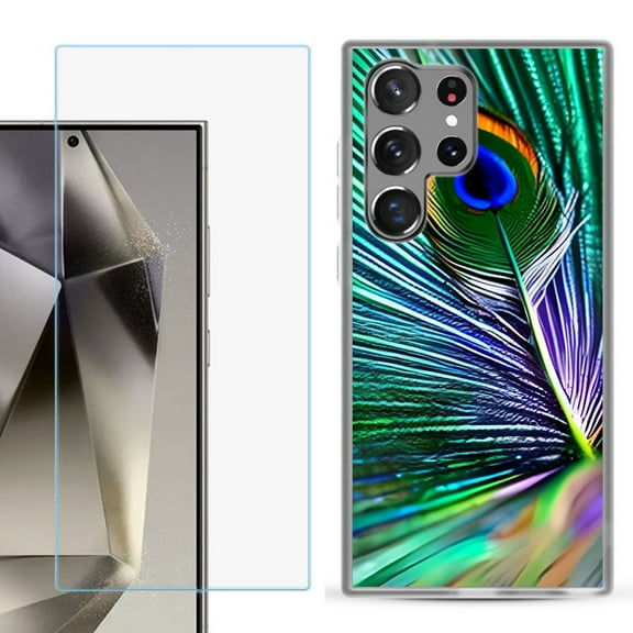 For Samsung Galaxy S25 Ultra 5G Phone Case Cover with Tempered Glass Screen Protector, by OneToughShield - Peacock Feather