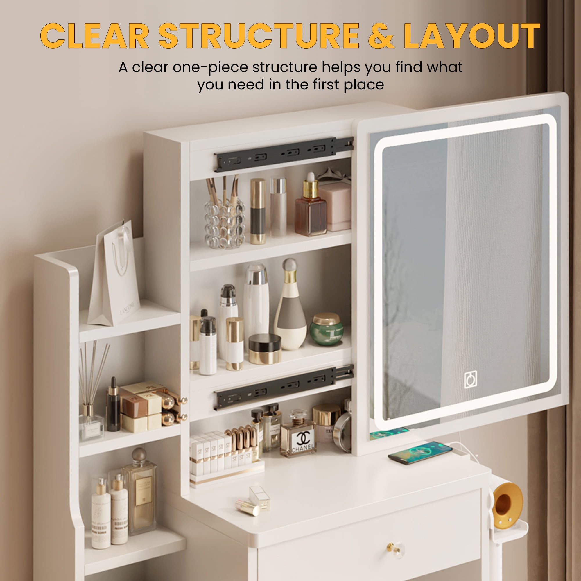 Aukfa Makeup Vanity Set Dressing Vanity Table with Lights Mirror & Power Outlet for Girls - White