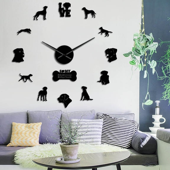 Rhodesian Big Wall Clocks Large DIY Wall Art Stickers Lion Dog Pet Home Decor African Lion Hound Giant Clock Wall Watch(Black,27inch)