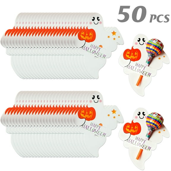 50PCS Halloween Ghost Lollipop Holders, Cute Ghost - Shaped Candy Card Holders for Halloween Party Favors