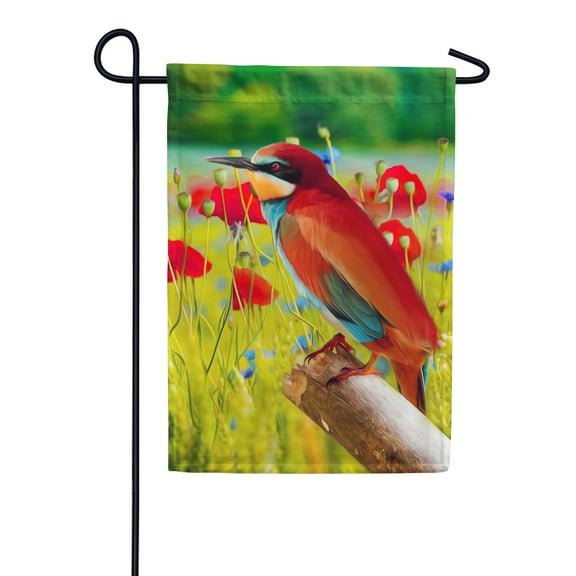 America Forever Hello Spring Summer Bird Garden Flag 12.5 x18 inch Red Poppies Floral Bee-eater Outdoor Yard Seasonal Decorative Double Sided Flag