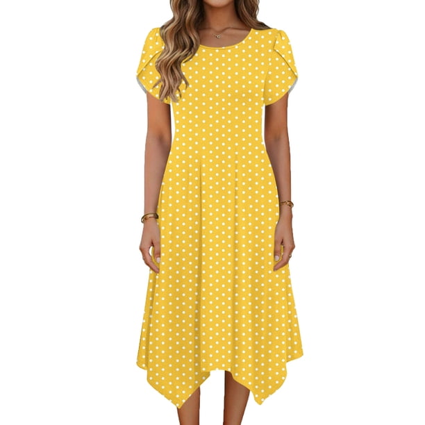 TaTaai Women's Polka Dot Flutter Sleeve Dress Short Sleeve Round Neck Midi Casual Dress with Irregular Hem Lightweight Stretchy Gift