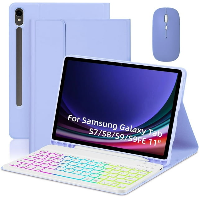 Clavier Bluetooth Rétroéclairé RGB avec Souris Sans Fil à Double Mode pour Samsung Galaxy Tab S9 FE 10.9 Pouces / Tab S9 11 Pouces (Ensembles Violets, pour Galaxy Tab S9 FE 10.9 Pouces / Tab S9 11 Pouces)