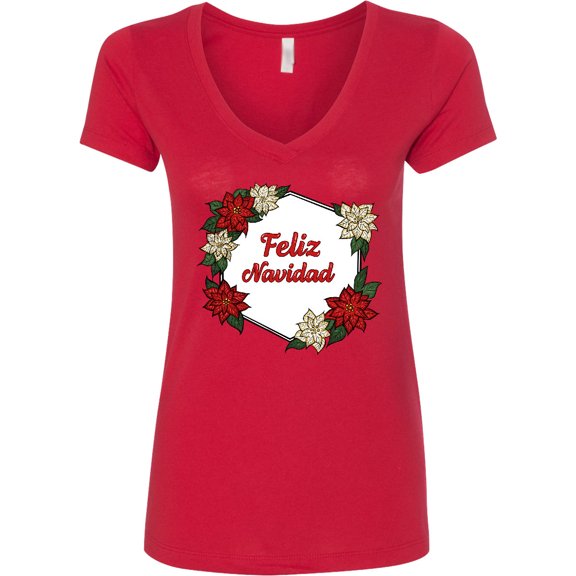 Inktastic Feliz Navidad Poinsettia Women's V-Neck T-Shirt