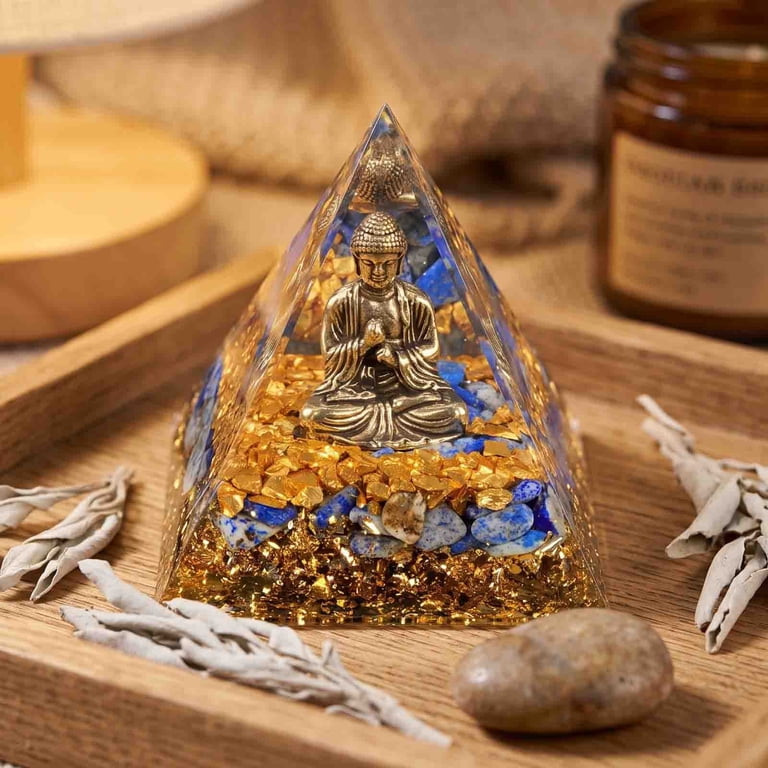 Xhegex 5cm Natural Crystal Pyramids with Buddha Ornament for Home