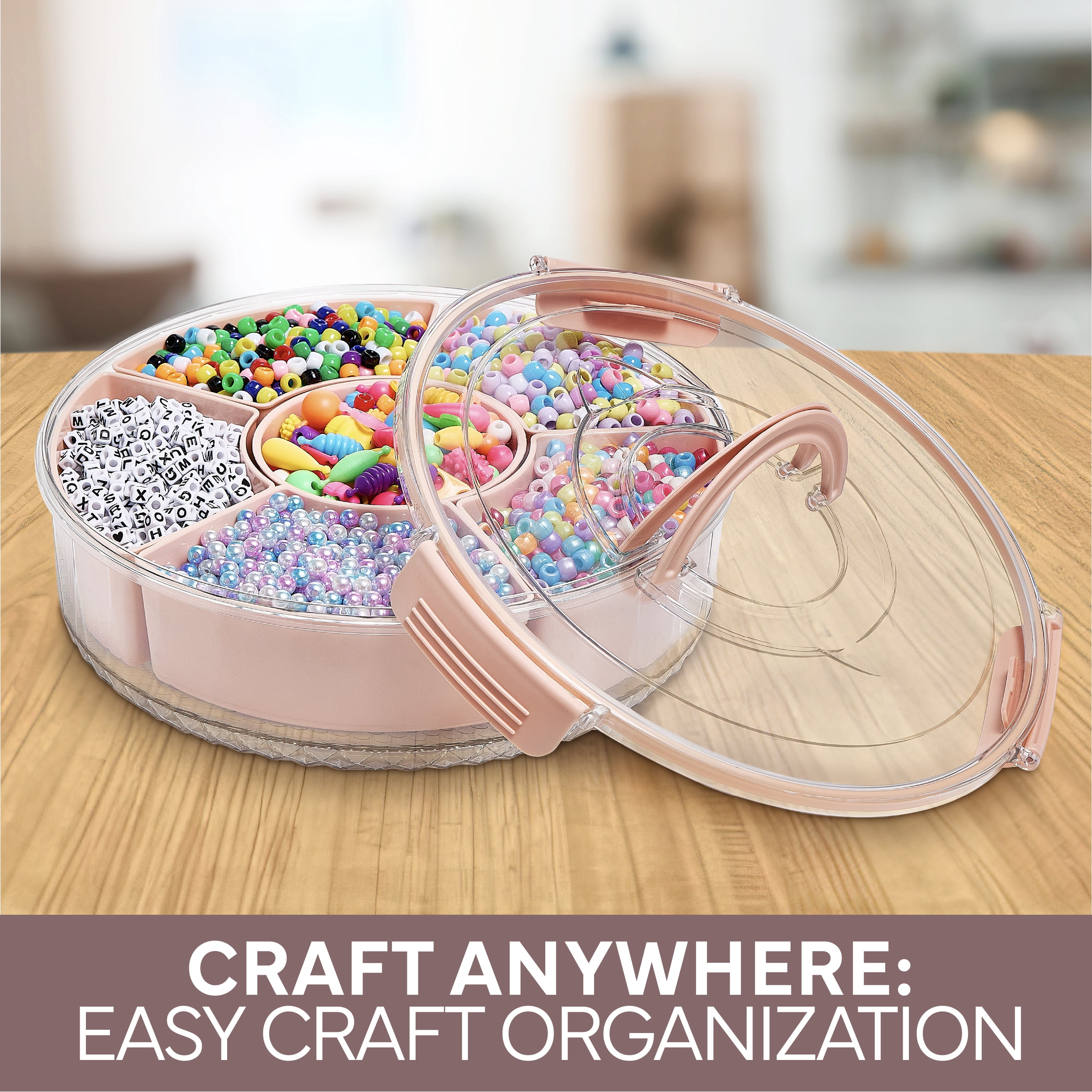 COOK WITH COLOR Round Snackle Box – 6-Compartment Serving Tray with Lid and Handle, Pink – Kids Lunch Box & Meal Prep Snack Container