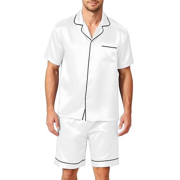 Homeyce Mens Satin Silk Pajamas Sets Button Down Shirts and Shorts 2 Piece Sets Short Sleeve Sleepwear Loungewear with Pockets Summer Lounge Sets,White M
