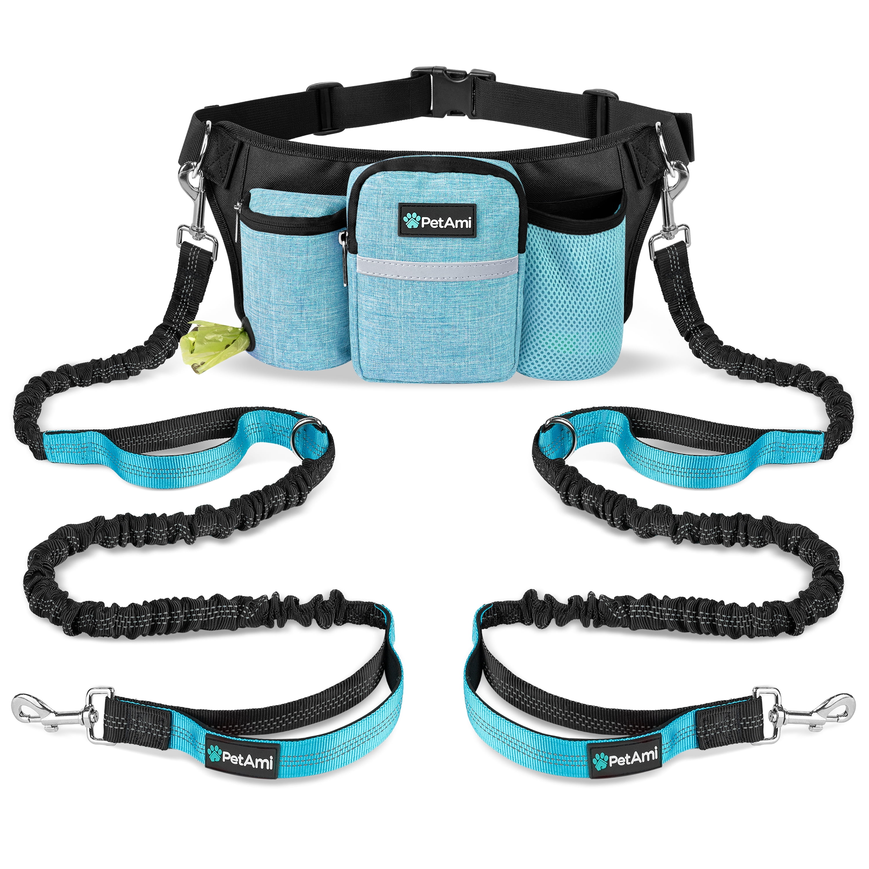 PetAmi Premium Hands Free Dog Leash for 2 Dogs, Adjustable Waist Belt for Dog Walking, Fanny Pack Accessories Bag Dual Bungee for Running, Hiking, Jogging, Biking, Turquoise Blue