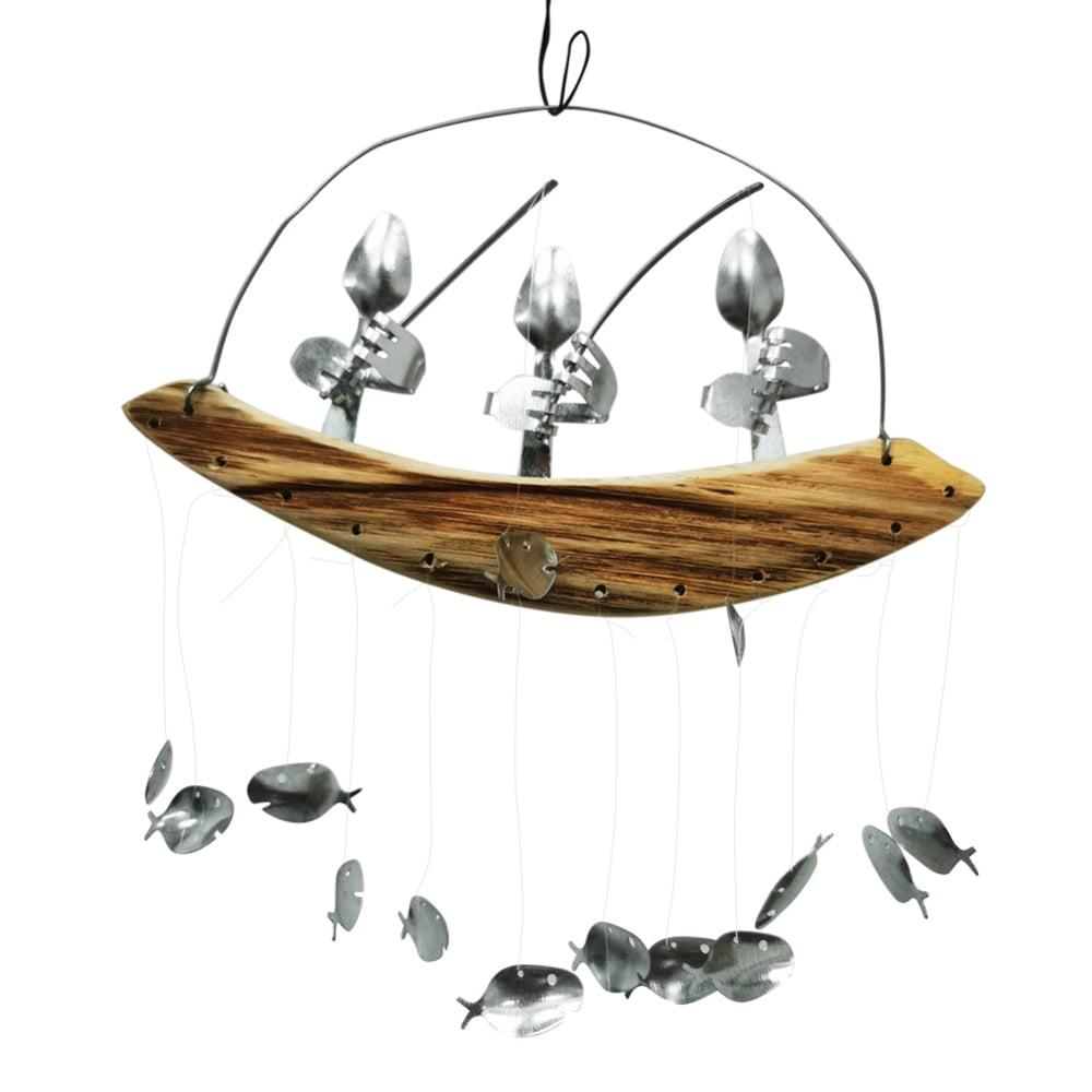 HRSR Fishing Man Spoon Fish Sculptures Wind Chime Indoor Outdoor