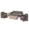 GDF Studio Flamingo Outdoor Faux Wicker 5 Seater Sofa and Club Chair Set with Fire Pit, Brown, Mixed Beige, and Light Gray