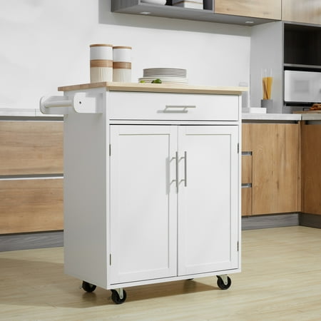 HOMCOM Kitchen Island Cart Rolling Trolley Cart with Drawer Storage Cabinet & Towel Rack White