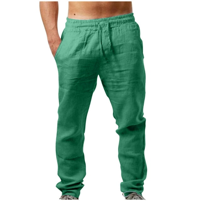 WRKEKC Casual Pants for Men Cotton Linen Drawstring Elastic Waist Linen Pants Solid Color for Comfort Wear