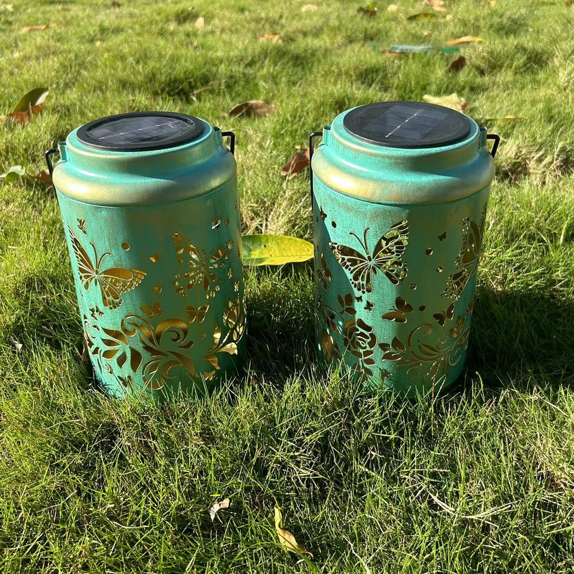 COCOBELA 2 Pack Butterfly Solar Lanterns Outdoor Hanging Metal Decorations Waterproof with LED Light, Landscape Lights for Garden Patio Yard Lawn Backyard Front Porch Gifts for Mom Grandma