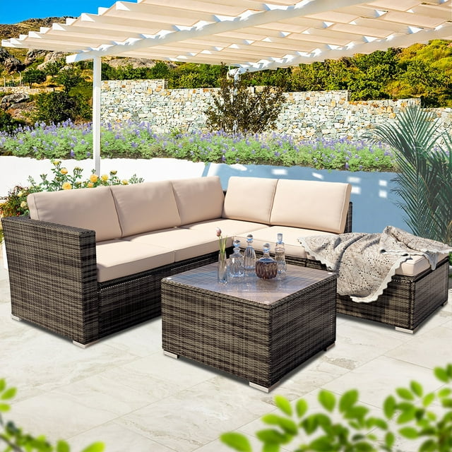 Patio Furniture Sofa Set, 4 Piece Outdoor Sectional Sofa Set with Wicker Chair, Loveseats, Ottoman, All-Weather Wicker Furniture Conversation Set with Cushions for Backyard, Porch, Garden, Pool, L3551