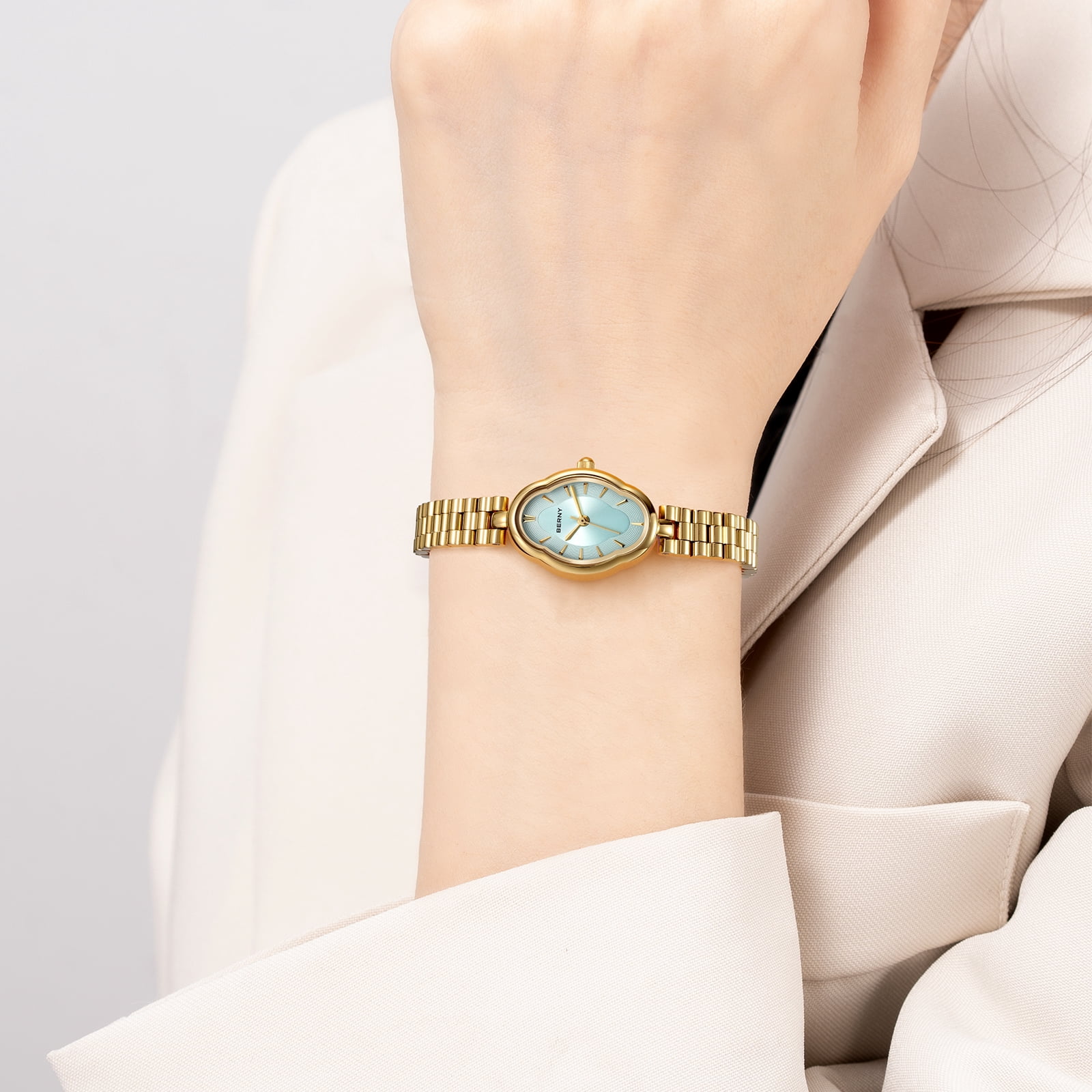 BERNY Small Gold Watches for Women Dainty Vintage Ladies Analog Quartz Bracelet Watch, Adjustment Tool Included Stainless Steel Waterproof, Fashion Luxury Womens Wrist Watches Gifts (Blue)