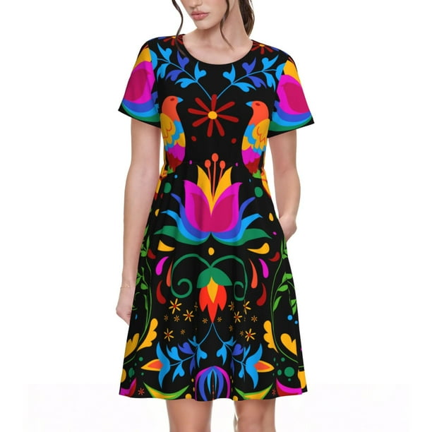 Fotbe Mexican Flower Traditional1 Vestido Largo de Moda para Mujer, Vestido Tipo Camiseta con Manga Corta y Estilo Casual a Rayas y Bloques de Color