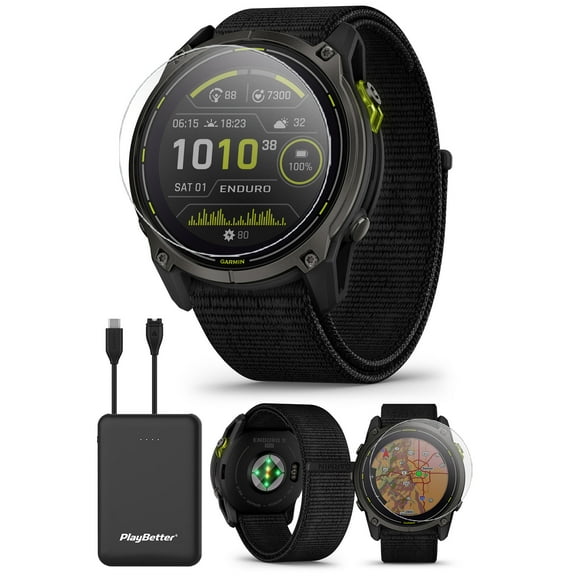 Garmin Enduro 3 Ultraperformance GPS Smartwatch Bundle - Solar Charging, Maps, Built-in LED Flashlight with UltraFit Nylon Band, PlayBetter Portable Charger & HD Screen Protectors