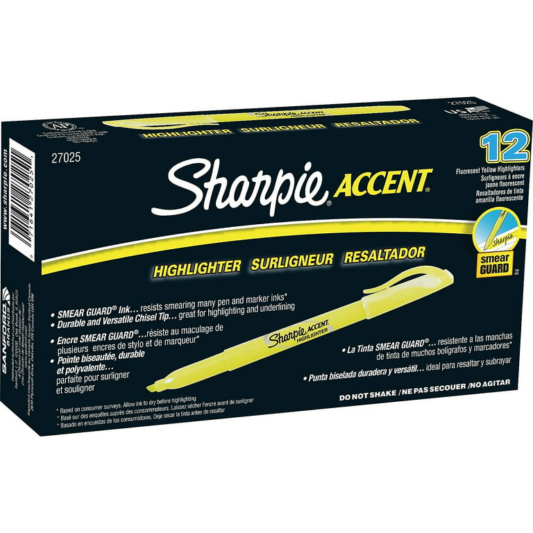 Sharpie Pocket Style Highlighters, Chisel Tip, Fluorescent Yellow, Box of 12